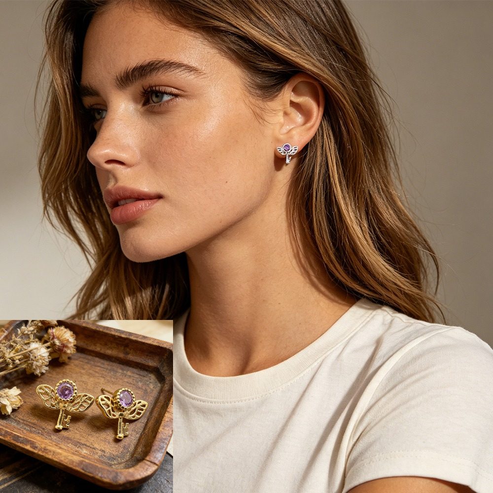 Women Formal Wear For Meeting - Retro Key Amethyst Stud Earrings Women