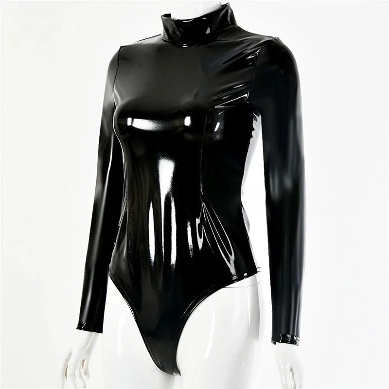 Womens Faux Latex PVC Mirror P - Turtleneck Bodysuit Office incelemesi ve fiyatı