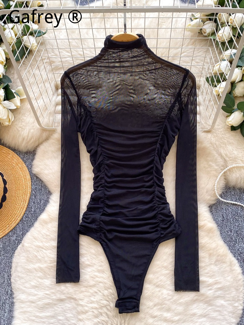 Sexy Grey Mesh Ruched Bodysuit - Turtleneck Bodysuit Office incelemesi ve fiyatı