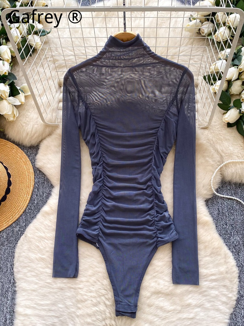 Sexy Grey Mesh Ruched Bodysuit - Turtleneck Bodysuit Office incelemesi ve fiyatı