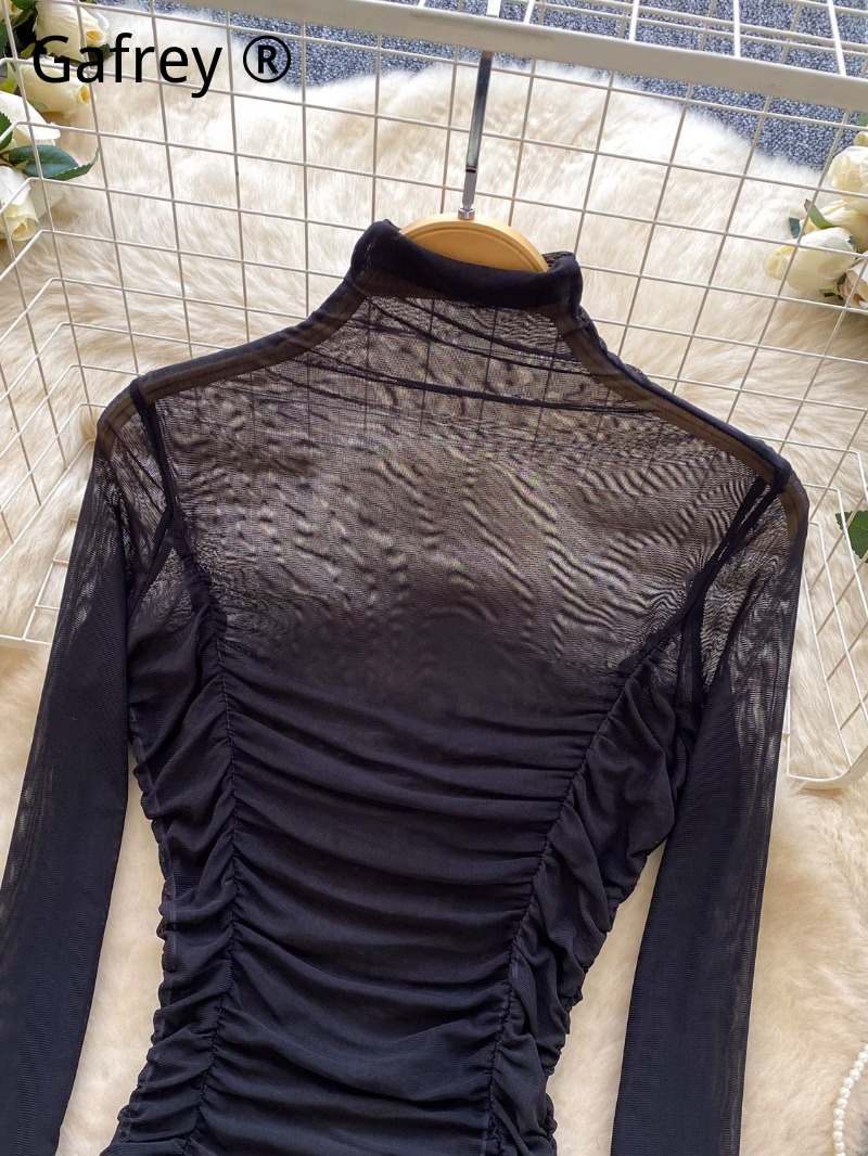 Sexy Grey Mesh Ruched Bodysuit - Turtleneck Bodysuit Office incelemesi ve fiyatı