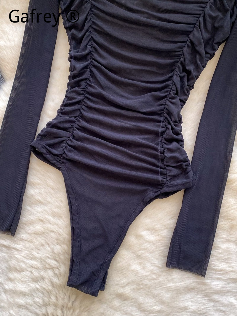 Sexy Grey Mesh Ruched Bodysuit - Turtleneck Bodysuit Office incelemesi ve fiyatı